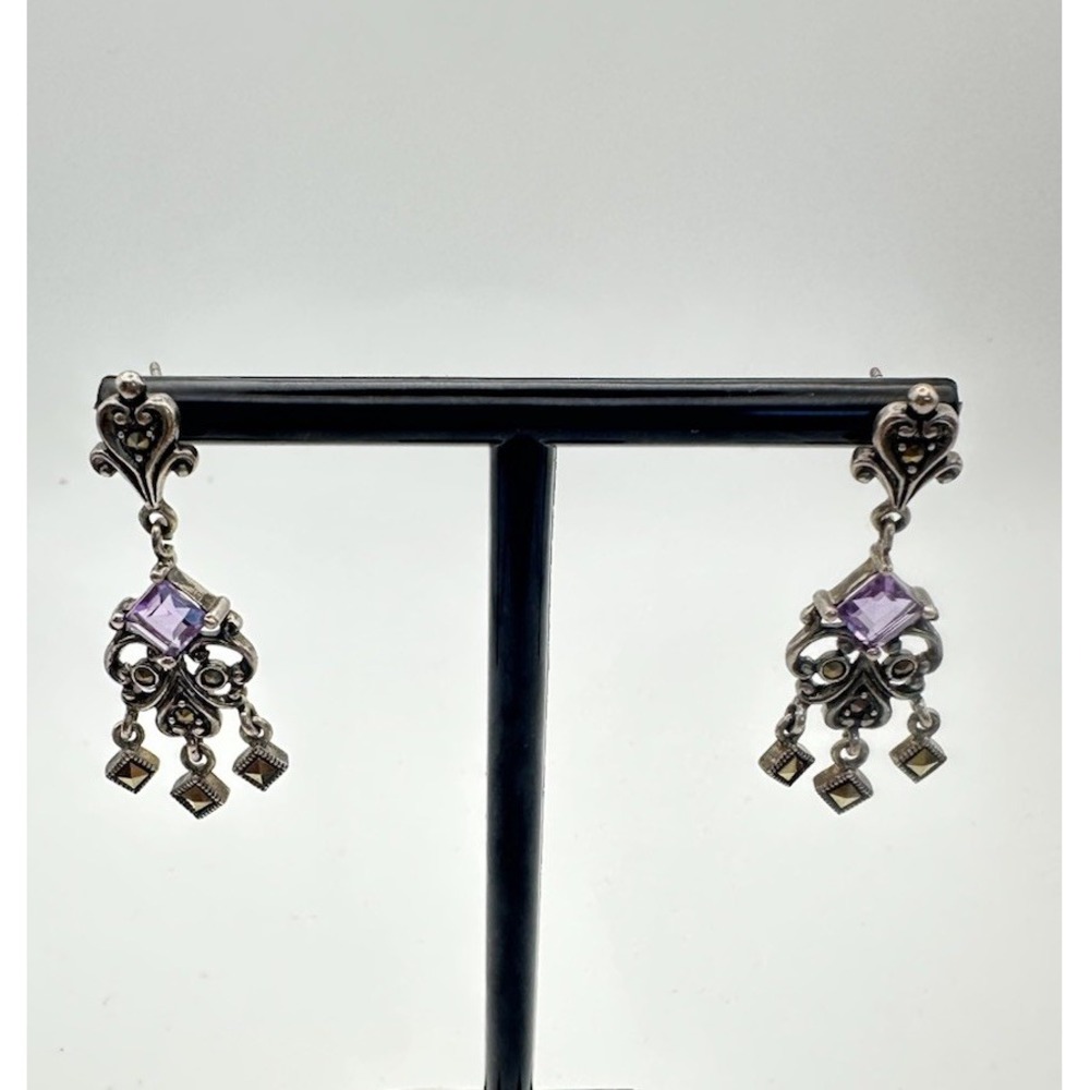 Vintage 925 Sterling Silver amethyst Marcasite Drop Chandelier Earrings Art Deco